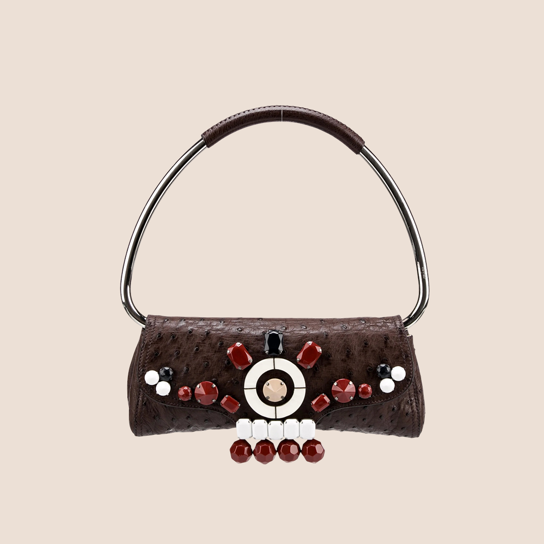 PRADA BROWN OSTRICH RICAMO SWING BAG