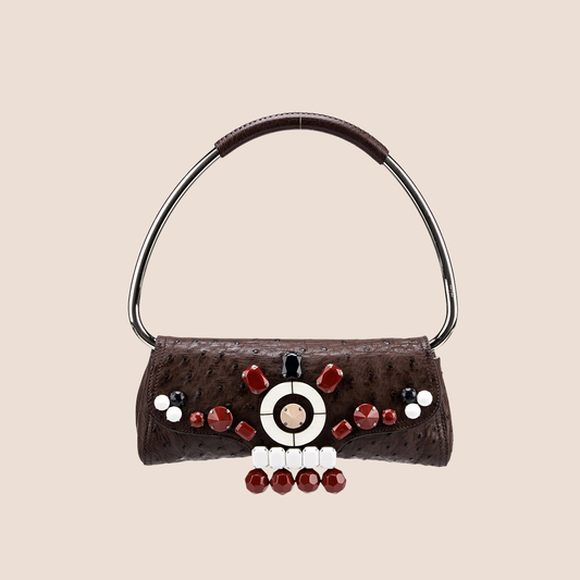 PRADA BROWN OSTRICH RICAMO SWING BAG