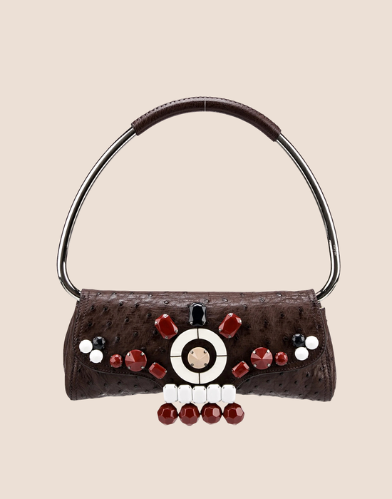 PRADA BROWN OSTRICH RICAMO SWING BAG