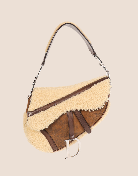 CHRISTIAN DIOR 2005 BROWN SHEARLING FLIGHT SADDLE BAG
