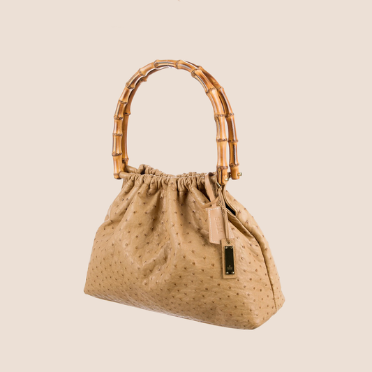 GUCCI CREAM OSTRICH BAMBOO HANDLE BAG