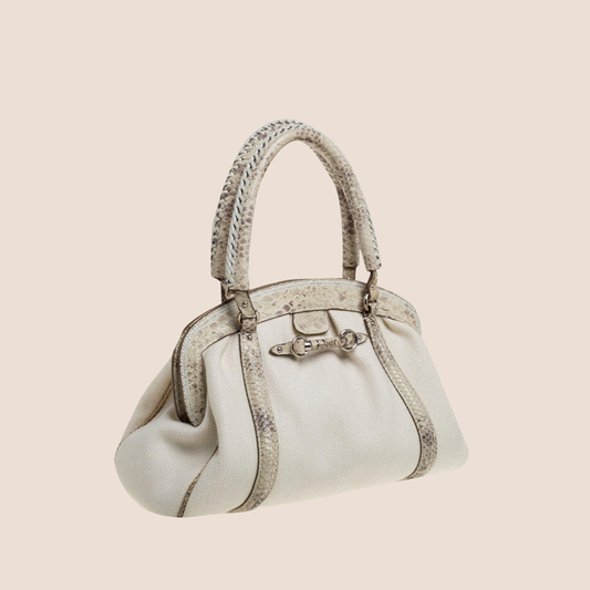 CHRISTIAN DIOR 2007 BEIGE CANVAS & PYTHON TRIM FRAME SATCHEL