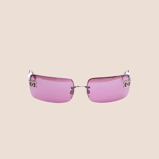CHANEL 90s BURGUNDY RIMLESS CC CRYSTAL SUNGLASSES