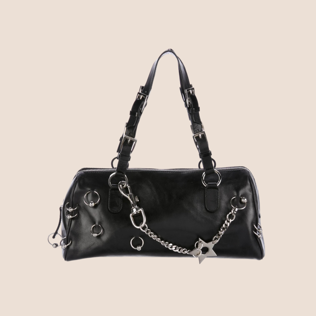 CHRISTIAN DIOR 2004 HARCORE PIERCED BLACK LEATHER BOSTON BAG – RDB