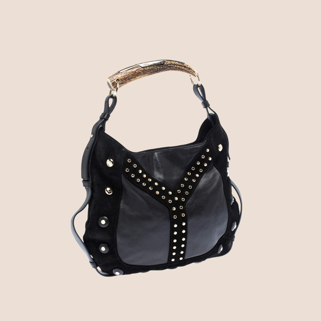 YVES SAINT LAURENT BLACK SUEDE STUDDED MOMBASA HOBO BAG