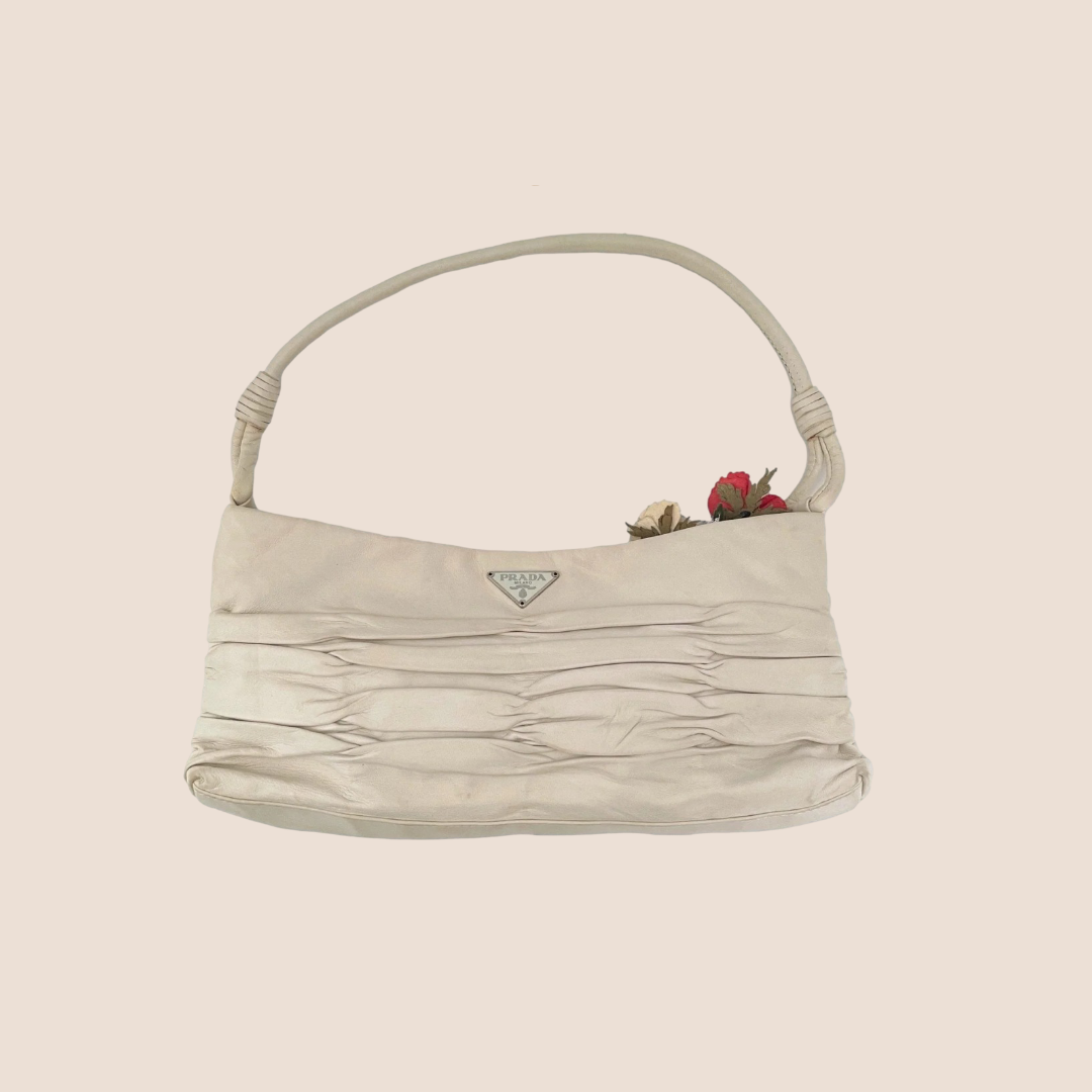 PRADA WHITE NAPPA PLISSE FLORAL SHOULDER BAG – RDB