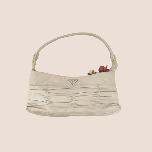 PRADA WHITE NAPPA PLISSE FLORAL SHOULDER BAG