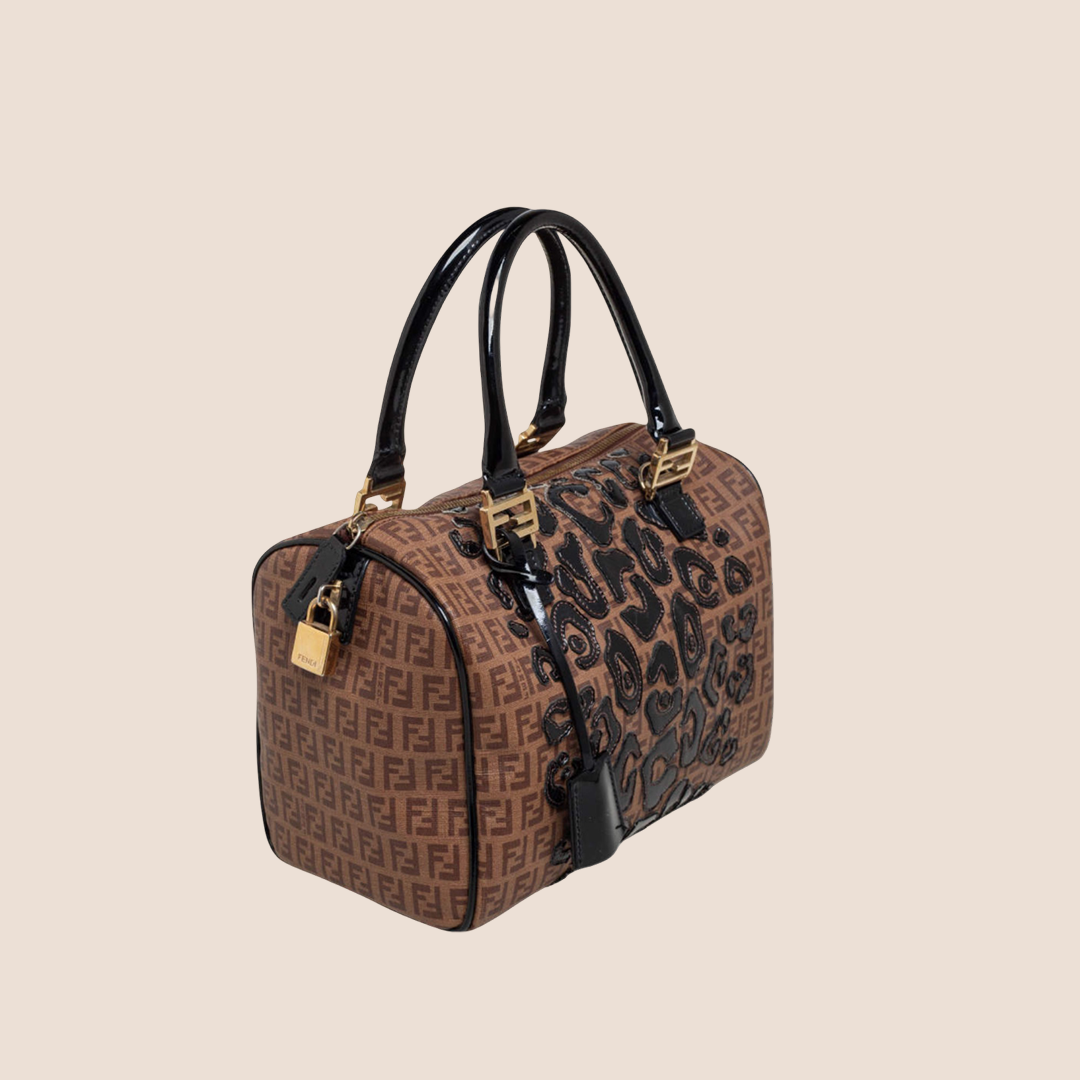 FENDI TOBACCO ZUCCHINO CANVAS ANIMAL PRINT BOSTON BAG