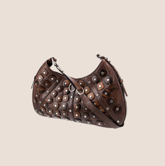 YVES SAINT LAURENT BROWN LEATHER STUDDED HOBO BAG