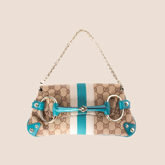 GUCCI BEIGE & BLUE MONOGRAM CANVAS HORSEBIT CLUTCH