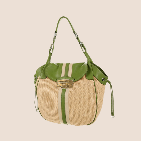 PRADA 2000 GREEN VITELLO LEATHER & WICKER HOBO BAG
