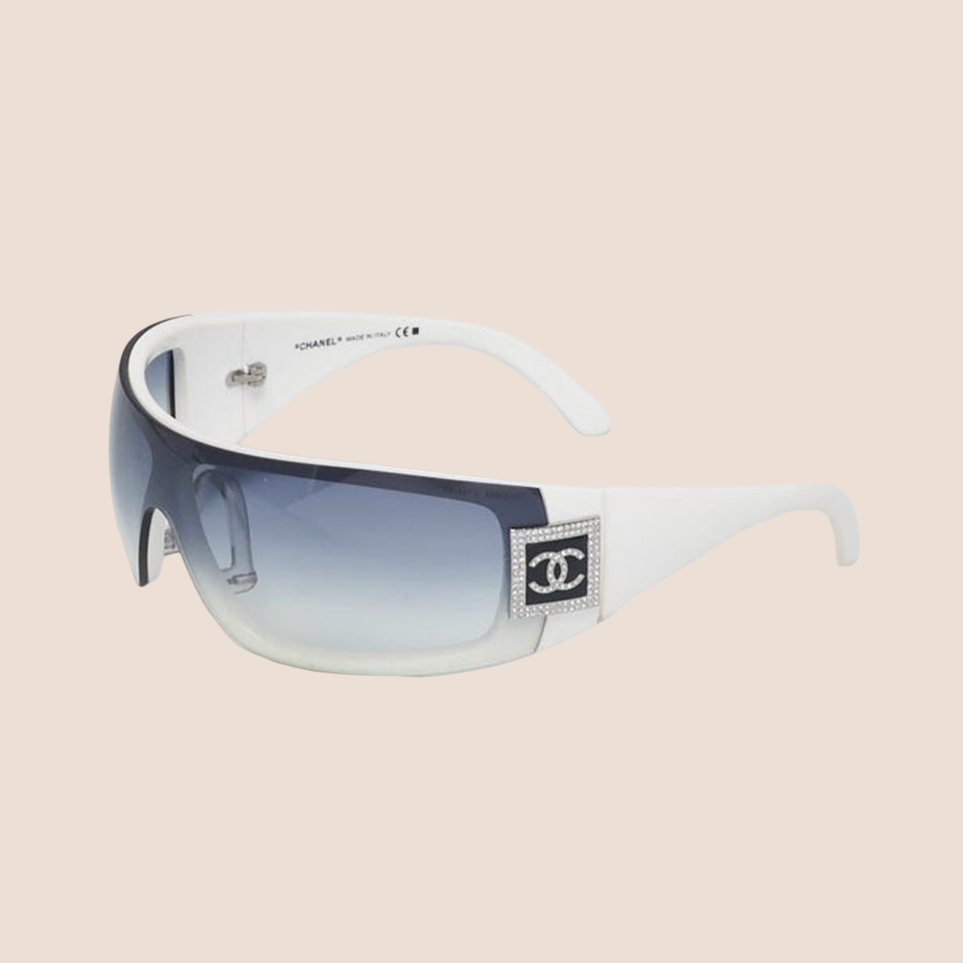 CHANEL CC LOGO WHITE & BLACK CRYSTAL WRAP SUNGLASSES