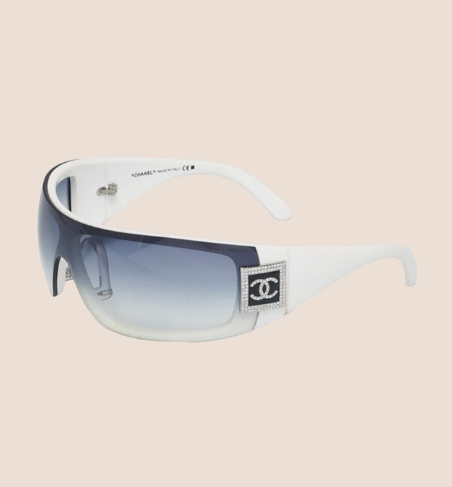 CHANEL CC LOGO WHITE & BLACK CRYSTAL WRAP SUNGLASSES