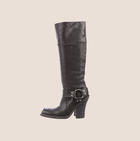 CHRISTIAN DIOR 2000 BLACK LEATHER HARNESS BOOTS