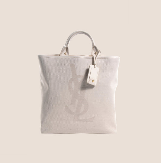 YVES SAINT LAURENT CREAM CANVAS YSL TOTE BAG