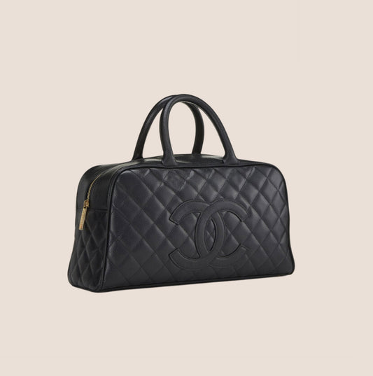 CHANEL BLACK CC LOGO QUILTED CAVIAR BOWLER BAG