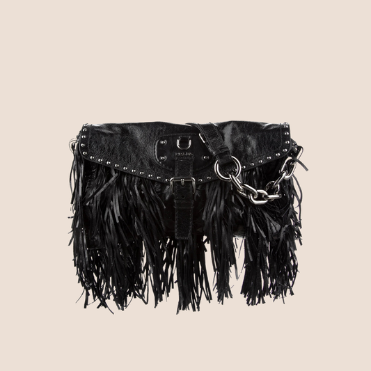 PRADA 2000 BLACK LEATHER FRINGE SHOULDER BAG