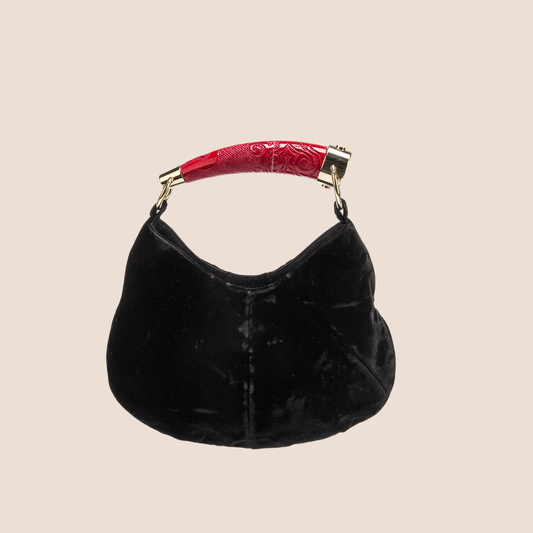 YVES SAINT LAURENT BLACK VELVET RED TOP HANDLE BAG