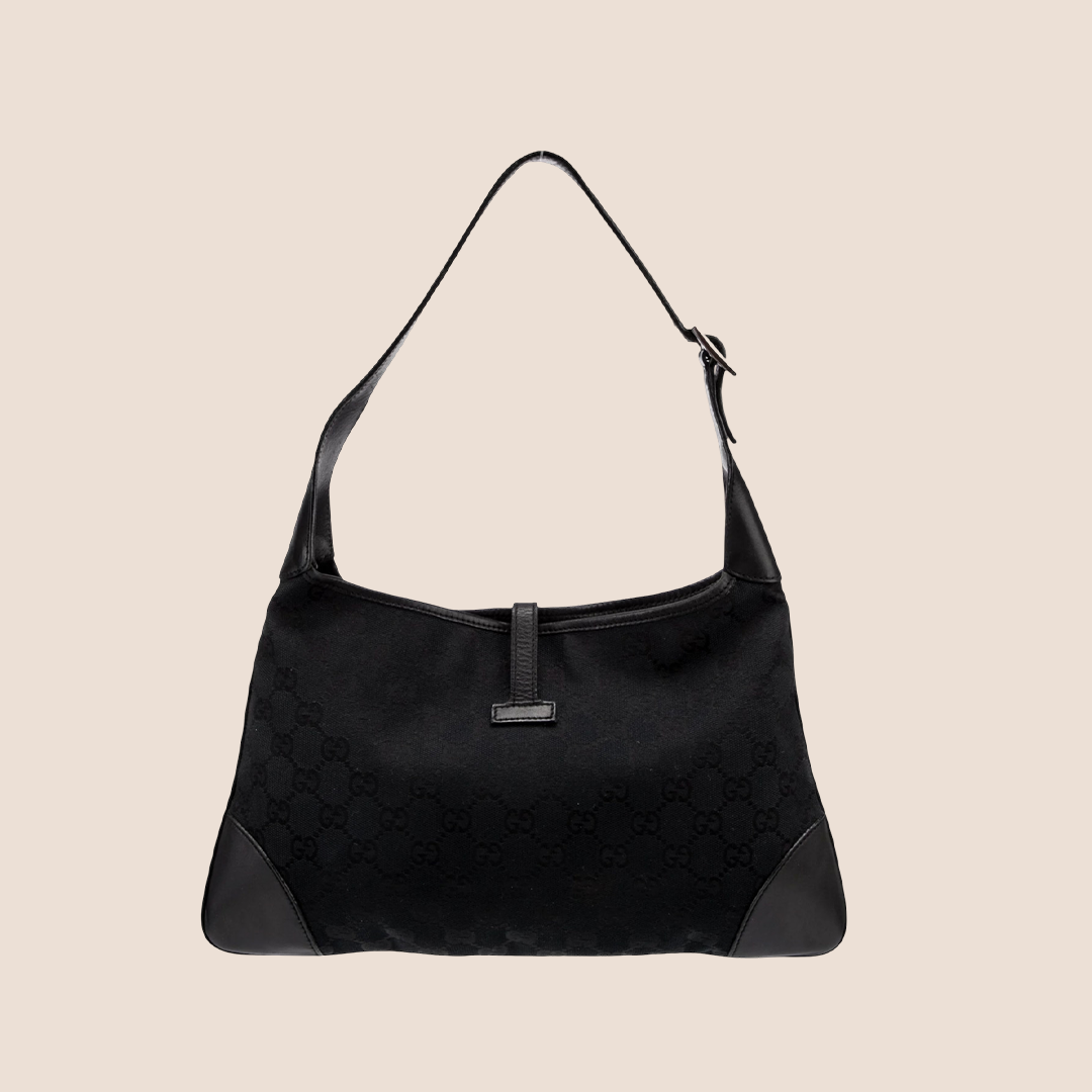GUCCI BLACK GG MONOGRAM CANVAS & LEATHER JACKIE BAG