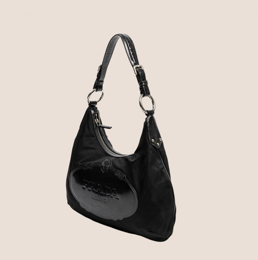 PRADA BLACK NYLON LOGO PATCH HOBO BAG
