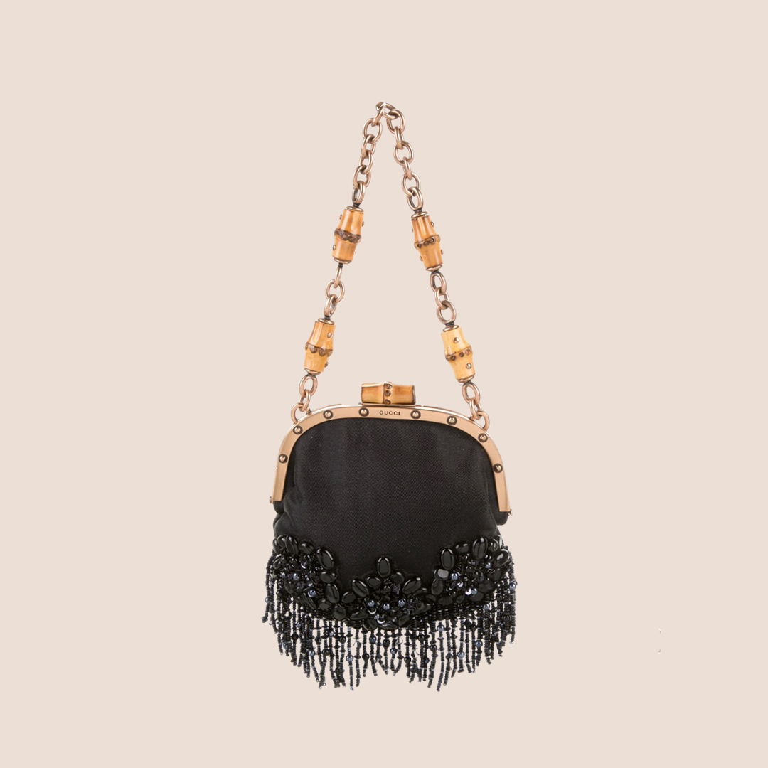 GUCCI EMBELLISHED SATIN BAMBOO EVENING BAG