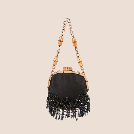 GUCCI EMBELLISHED SATIN BAMBOO EVENING BAG