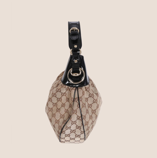 GUCCI BEIGE & BLACK GG CANVAS FULL MOON HOBO BAG