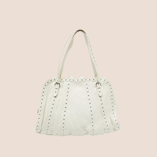 CHRISTIAN DIOR WHITE LIZARD LEATHER BUCKLE ZIP SATCHEL