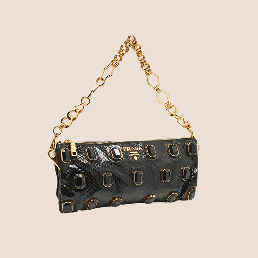 PRADA BLACK SNAKESKIN METALLIC CRYSTAL CHAIN BAG