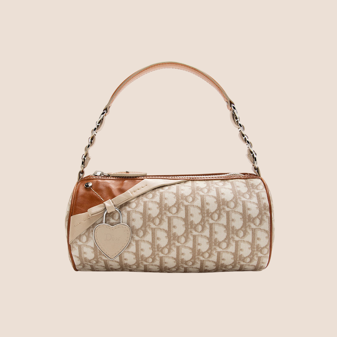 CHRISTIAN DIOR 2007 CREAM & TAN ROMANTIQUE MINI BARREL BAG