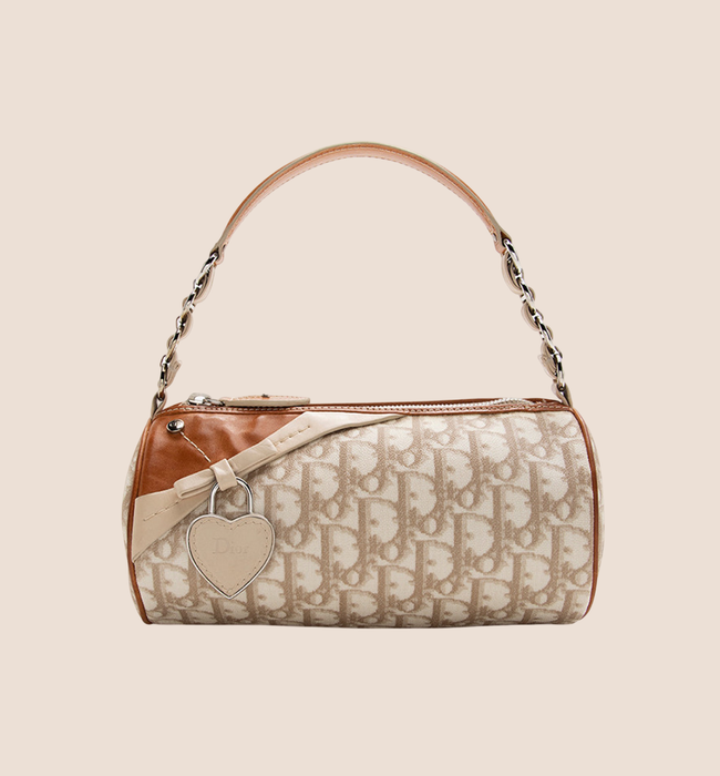 CHRISTIAN DIOR 2007 CREAM & TAN ROMANTIQUE MINI BARREL BAG