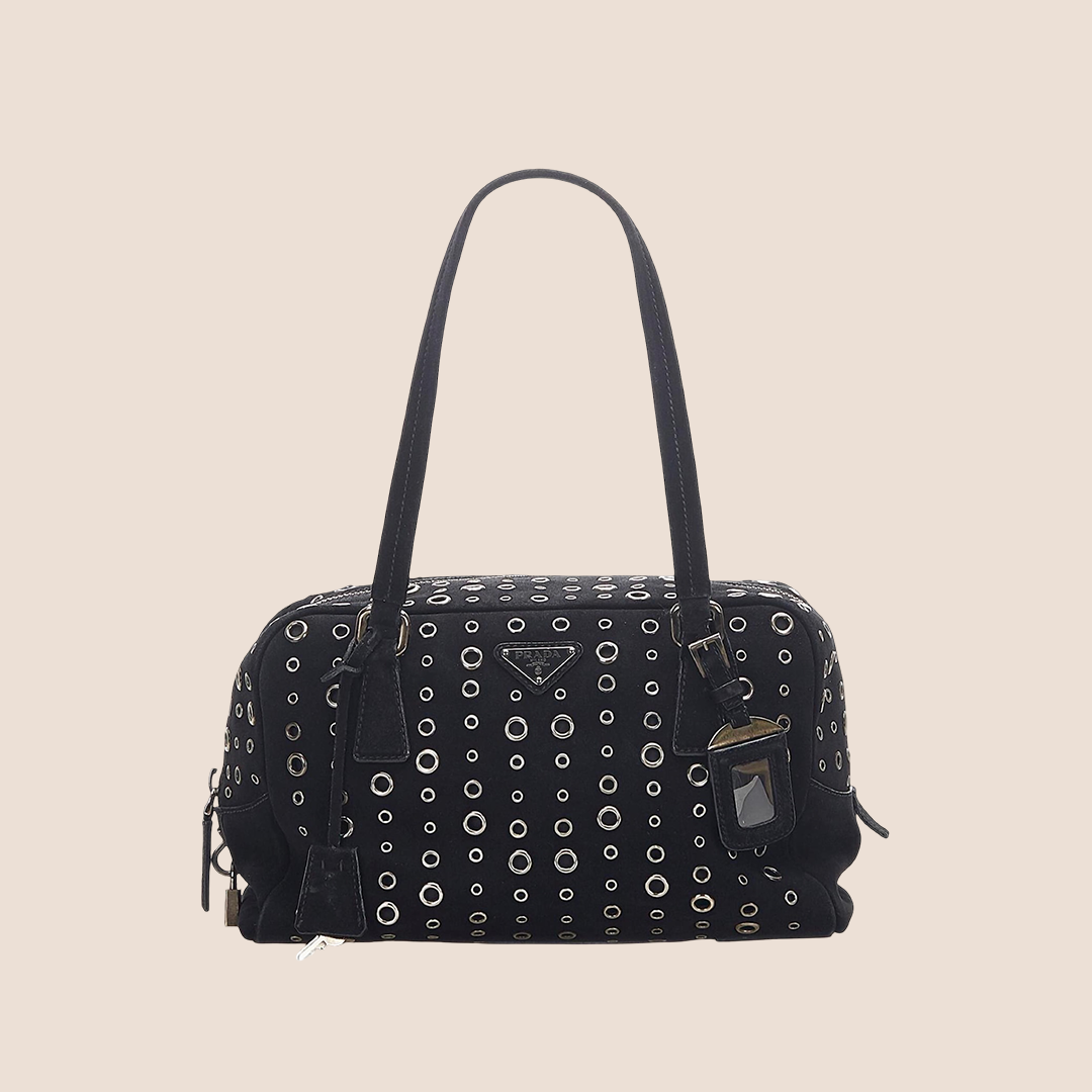 PRADA BROWN LEATHER GROMMET BOWLER BAG
