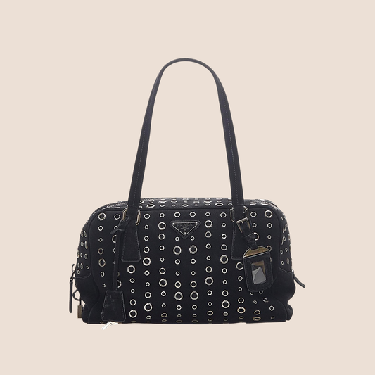 PRADA BROWN LEATHER GROMMET BOWLER BAG