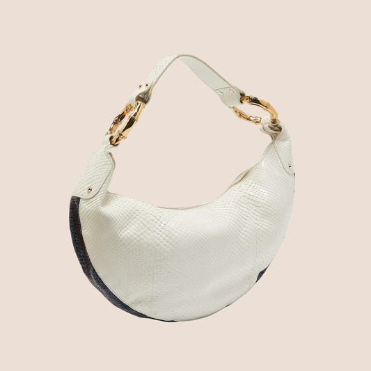 GUCCI WHITE PYTHON & BEADS BAMBOO RING HOBO BAG