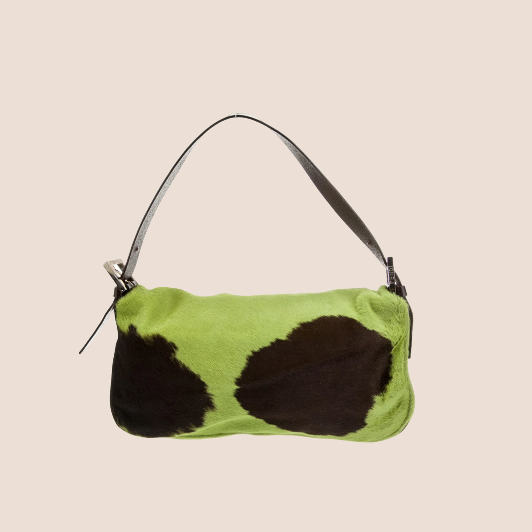 FENDI 2000 GREEN & BROWN PONY HAIR COW PRINT BAGUETTE BAG