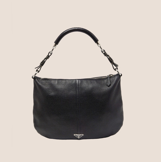 PRADA 2000 BLACK LEATHER LOGO HOBO BAG