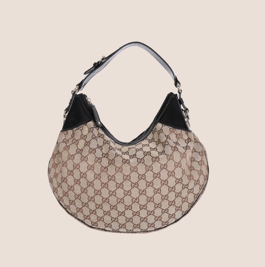 GUCCI BEIGE & BLACK GG CANVAS FULL MOON HOBO BAG