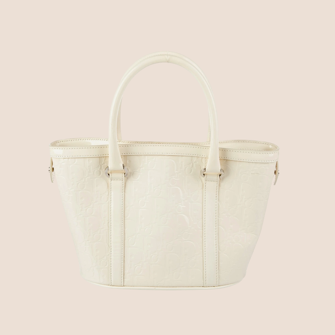 CHRISTIAN DIOR CREAM PATENT LEATHER DIORISSIMO EMBOSSED TOTE BAG