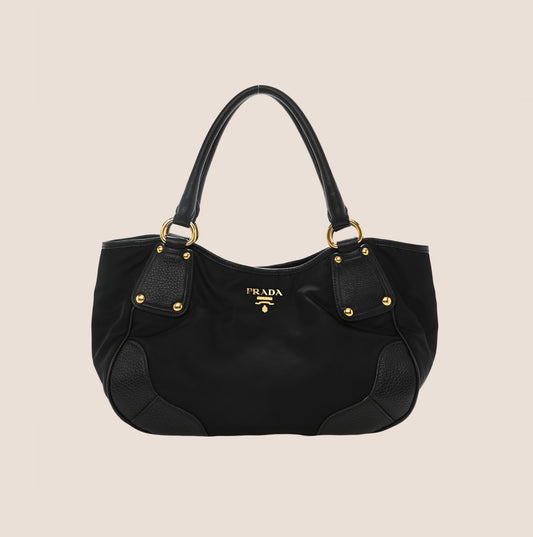 PRADA BLACK NYLON LEATHER TRIM SHOULDER BAG