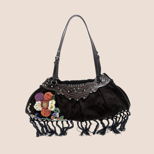 MIU MIU 2000 BROWN SUEDE FLOWER EMBROIDERED SHOULDER BAG