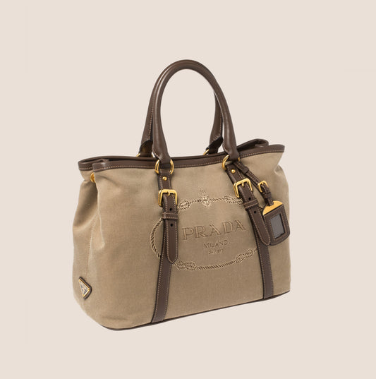 PRADA BROWN JACQUARD LOGO TOTE BAG