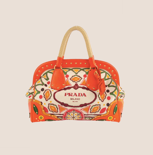 PRADA PAPAYA CANAPA STAMPATA FRAME BAG
