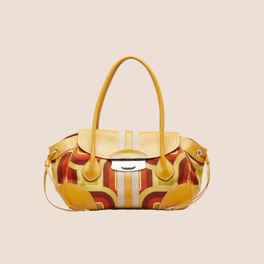 PRADA YELLOW MULTICOLOR CANVAS PRINTED HANDBAG