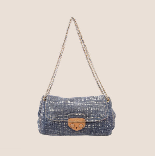 PRADA BLUE TELA TWEED FLAP BAG