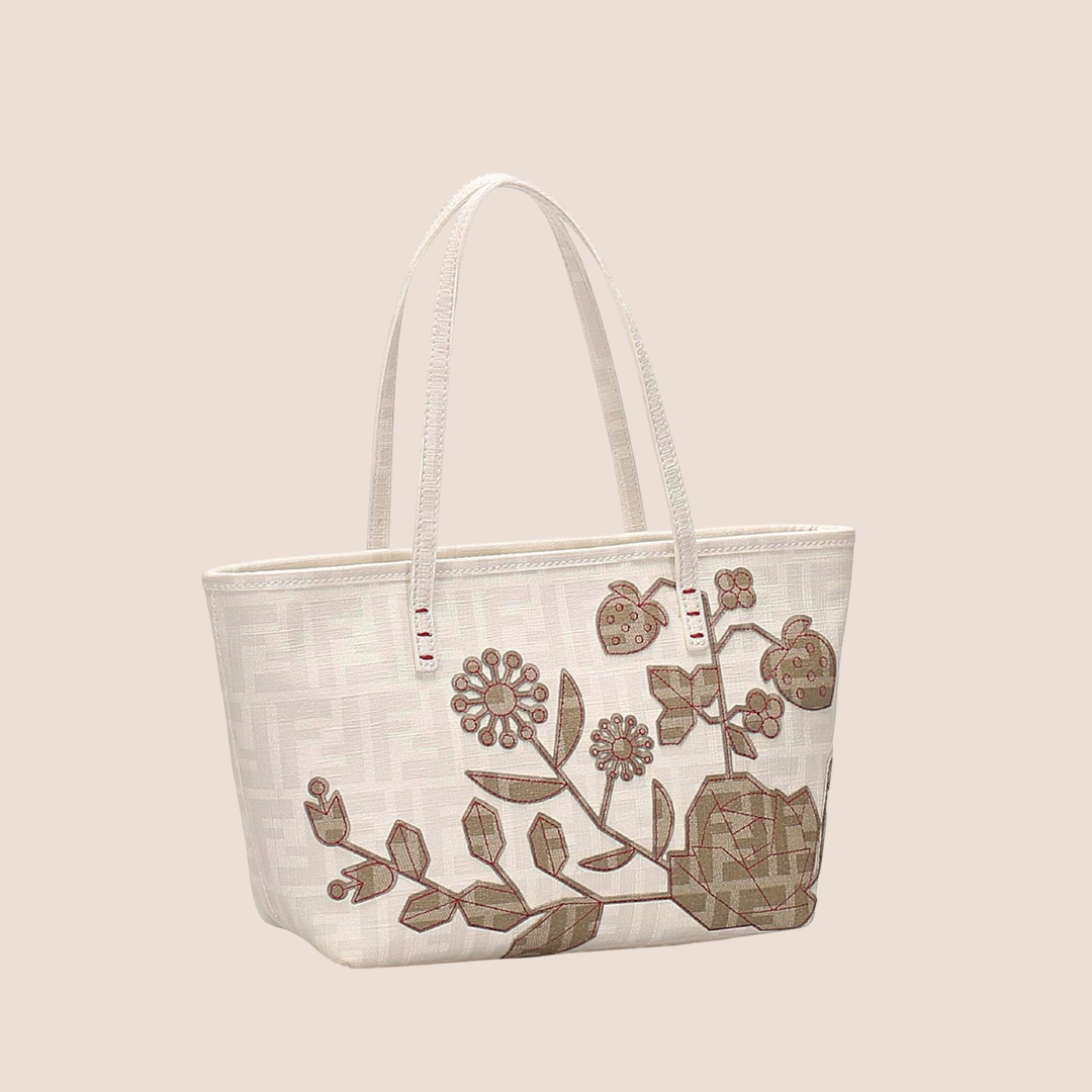 FENDI WHITE & BEIGE FLORAL ZUCCA SPALMATI TOTE BAG