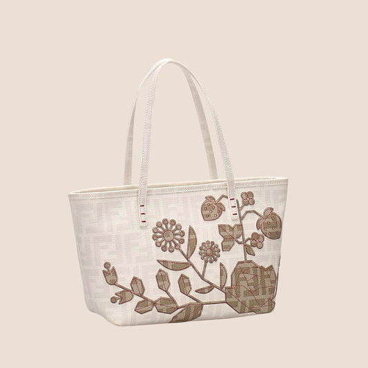 FENDI WHITE & BEIGE FLORAL ZUCCA SPALMATI TOTE BAG