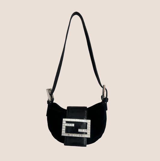 FENDI 2000 CRYSTAL BLACK VELVET MINI CROISSANT BAG