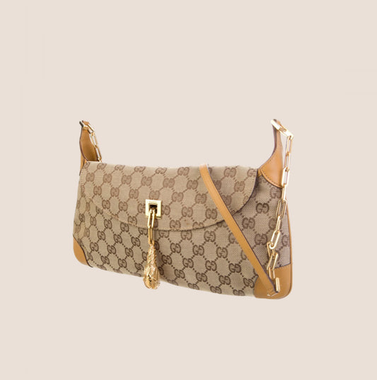 GUCCI BROWN GG MONOGRAM TIGER HEAD SHOULDER BAG