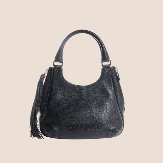 CHANEL BLACK LOGO TASSEL HOBO BAG