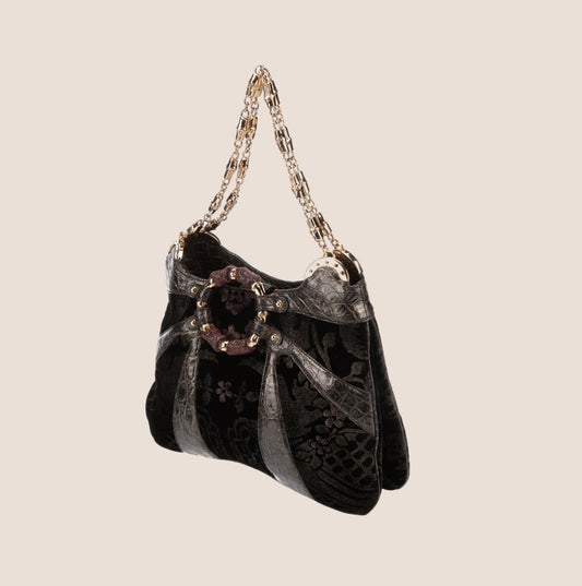 GUCCI ALLIGATOR VELVET BAMBOO CHAIN BAG